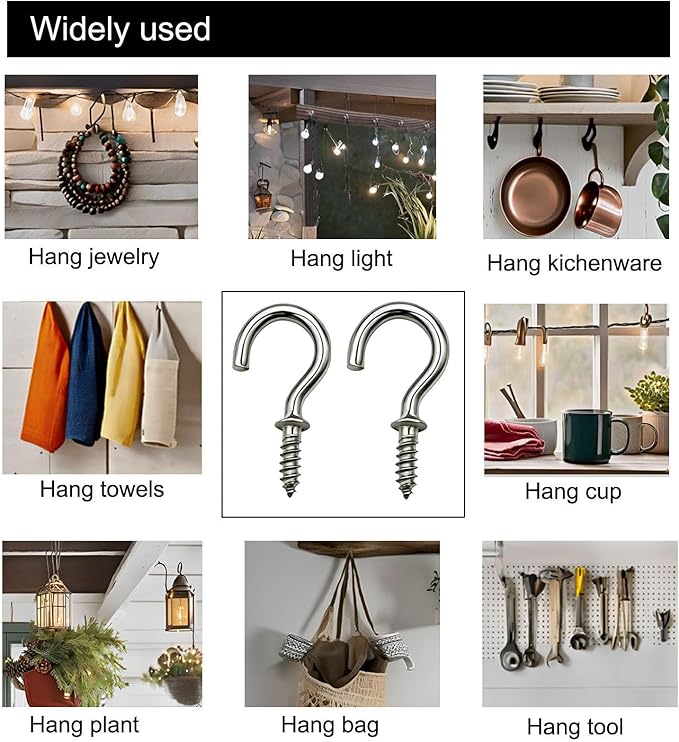 100 Pcs (304) Stainless Steel Screw Hooks 5/8 Inch Small Hook Screw-in Light Hooks Outdoor and Indoor Hanging