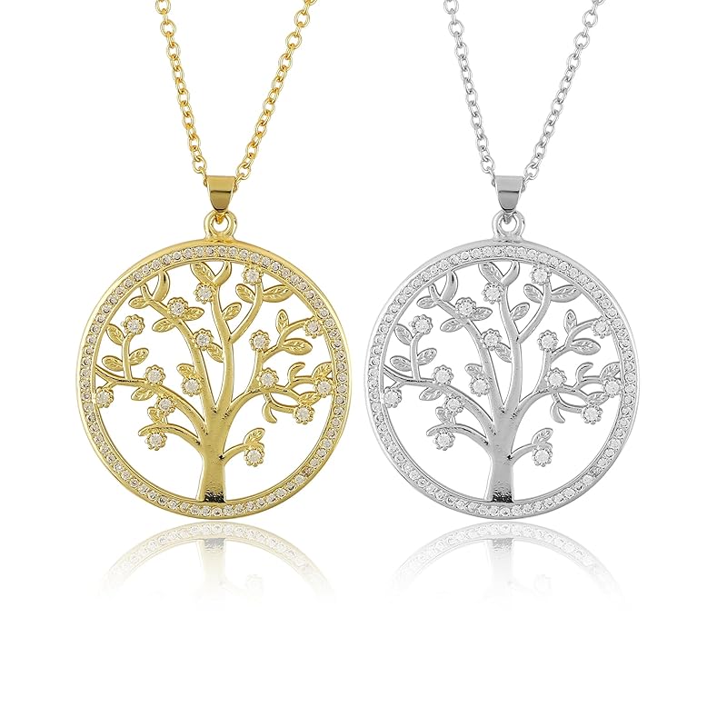 JOR Tree of Life Charm Pendant Necklace, CZ, Men & Women Unisex Jewelry, Dainty Gold & Silver Plated Chain Combo 18 inch (Pack of 2)