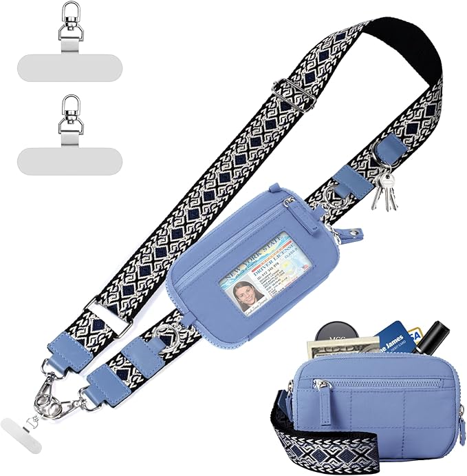 Clip and Go Strap for Phone with Wallet Crossbody Phone Lanyard with Anti-Theft Zipper Pouch Detachable Quilted Wrist Wallet with RFID and ID Window for Daily Travel.