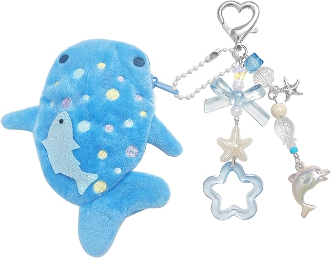 Adorable Whale Shark Coin Purse Keychain,Soft Plush Zipper Coin Purse,Handmade Purse Bag Charm Gift for Women (Blue)