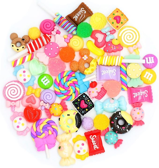 FENGWANGLI 50Pcs Cute Candy Slime Charms,Assorted Kawaii Resin Fake Candy Charms for Crafts,Mini Decoden Flatback Embellishments for Phone Junk Cases,Hairpins,Scrapbooking Crafting & DIY Decor