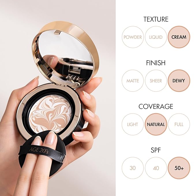 AGE20'S Signature Essence Pact SPF 50+ | Pack of 1 | 35N CAPPUCCINO | Cream Foundation, Dewy Finish, Natural Coverage | Korean Cushion Foundation