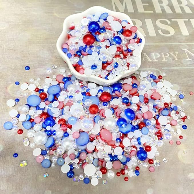 100g Mix Resin Rhinestones Flatback Half Round Pearls Mixed Size 3mm-10mm AB Color Half Pearls Resin Rhinestones for DIY Craft Nail Art Shoes Clothes Phone Case (White/Red/Dark Blue Series)