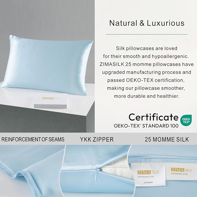 ZIMASILK 25 Momme 100% Pure Mulberry Silk Pillowcase for Hair and Skin Care, Highest Grade 6A Pillow Cases for Women, Long-Lasting Durablity, Gift for Women Men, 1Pc (King 20"x36", Light Blue)