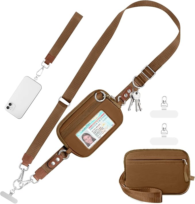 Clip and Go Strap for Phone with Wallet Crossbody Phone Lanyard Adjustable and Detachable RFID Wristlet Wallet with ID Window and Zipper, Brown