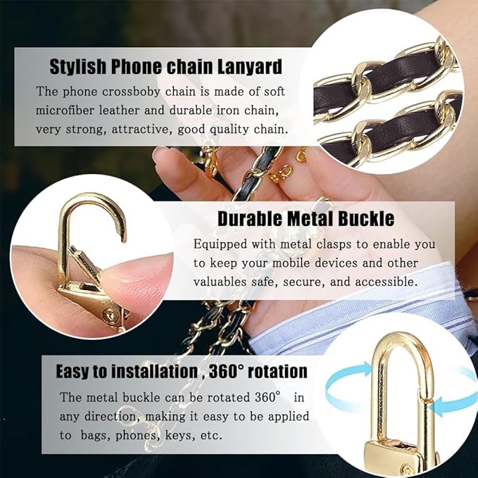 Phone Crossbody Chain Cell Phone Lanyard,Universal Leather+Metal Shouder Strap with Phone Tether Patches (A)
