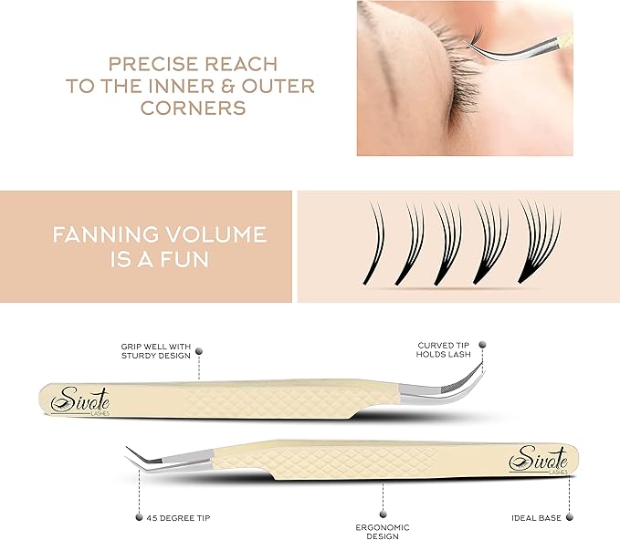 SIVOTE Fiber Tips Lash Tweezers for Eyelash Extensions, Set of 4, Curved, Dolphin, 90 Degree & 45 Degree Tweezer, Vanilla