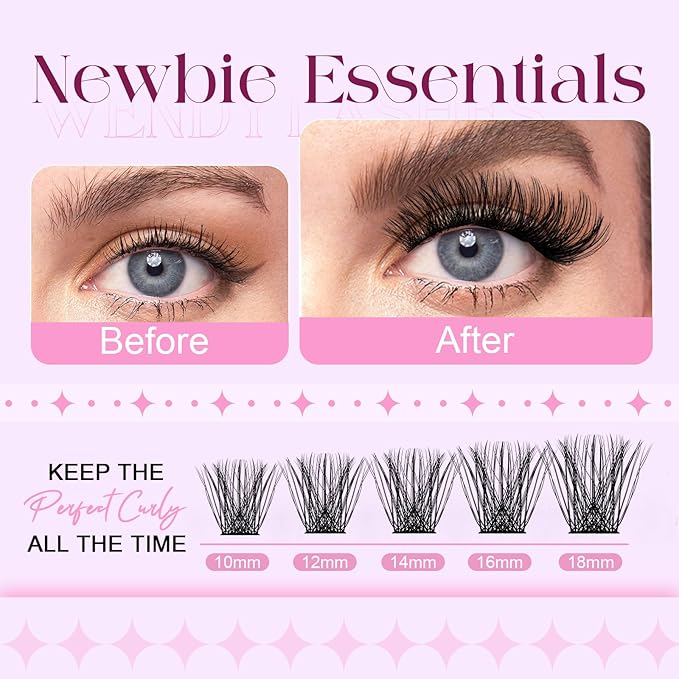 Lash Clusters Kit Wispy Eyelash Extensions 10-18mm D Curly DIY Individual Lashes Kit for Natural Volume Includes Lash Bond and Seal Tweezers DIY at Home Salon Quality Beginner Friendly