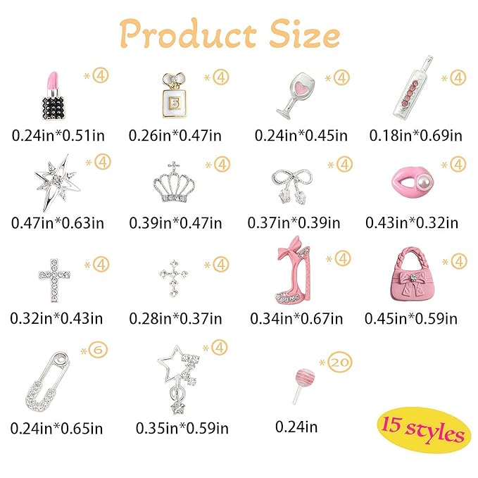 84 pcs 3D Sliver Pink Nail Charms Y2K Set Cute Nail Charms with Stars, Crowns, Crosses,Bins,Lollipops, Lips, Bottles, Cups, Perfume, Lipsticks, Bags, and Heels for Nail Art