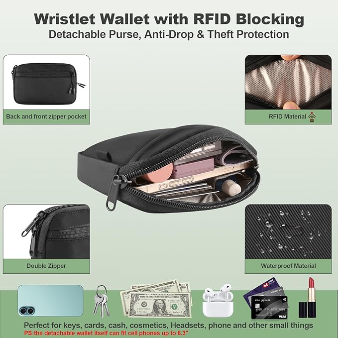 Clip and Go Strap for Phone with Wallet Crossbody, Adjustable Phone Lanyard with Detachable RFID Wristlet Wallet, Pattern Strap, Black (M)