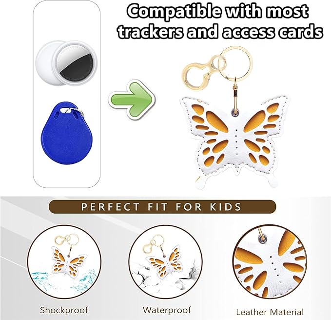 Leather Keychain Holder Case Compatible with AirTag,Cute Protective Apple Air Tag Cover with Keychain Ring,Anti-Scratch Finder GPS Tracker Case for Wallet Keys,Bag,Pets(White Butterfly)
