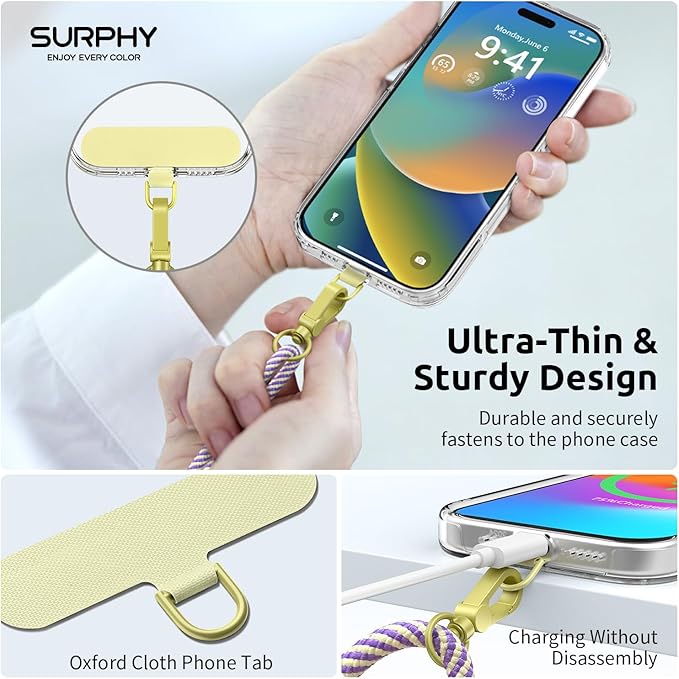 SURPHY Phone Lanyard, Adjustable Phone Strap Crossbody with 2 Pack Phone Tether Tab, Premium Metal Buckles and Two-Color Braided Cell Phone Lanyard Crossbody for Women and Men, Purple & Yellow