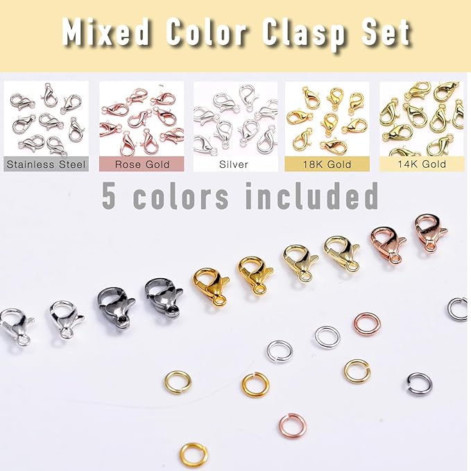 150Pcs Fadeless Lobster Claw Clasps (10mm) & Jump Rings for Jewelry Making, Necklace Bracelet Findings & Supplies (Mixed Color)