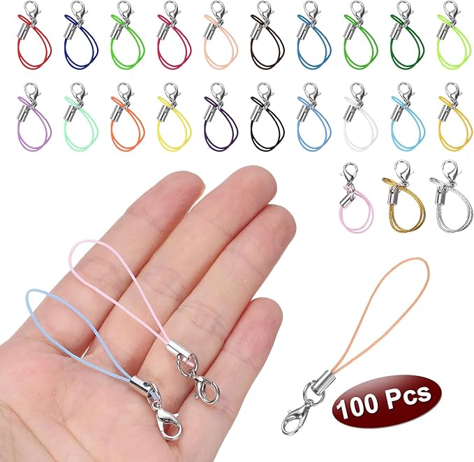 HARFINGTON 100Pcs Clasp Cords Clasp Strap Lanyard Charm Short Finger Rope with Lobster Clasp for Cellphone Cases Keychain DIY Jewelry Making, Cream