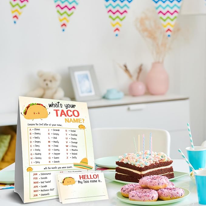 What is Your Taco Name Game Cards,Birthday Party Games for Kids and Adults, Taco Tuesday Party Supplies,1 Taco Name Game Double Sided Sign and 30 Taco Stickers,5x7 Inch