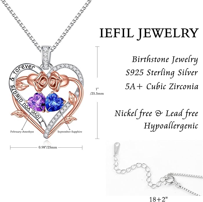 Iefil Valentines Gifts for Her Wife Women - Rose Heart Double Birthstone Necklace Gift for Wife Girlfriend Her Women, Birthstone Jewelry Gemstone Birthday Gifts for Mom Grandma Her