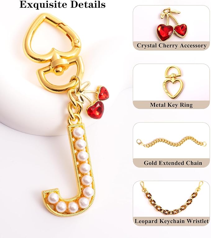 Pearl Initial Keychain with Leopard Bag Charms Wallet Chain Women Cute Alphabet Keychains Charm for Purse Handbag