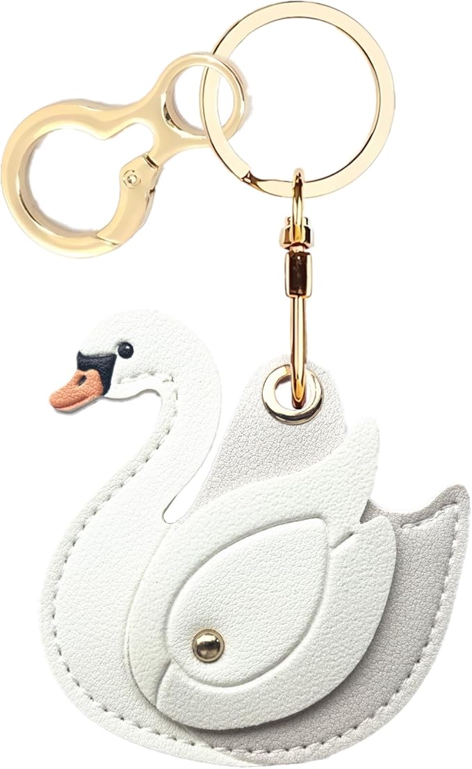 Leather Keychain Holder Case Compatible with AirTag,Cute Protective Cover with Keyring,Anti-Scratch Finder GPS Tracker Case for Wallet Keys,Bag,Pets(Swan White)