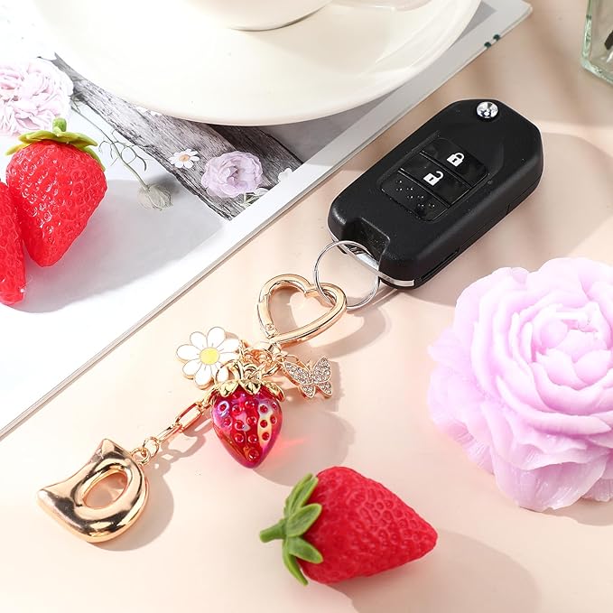 Strawberry Initial Keychain for Women-Cute Kawaii Gold Alphabet Bag Charms, Key chain Gift for Purse Handbag