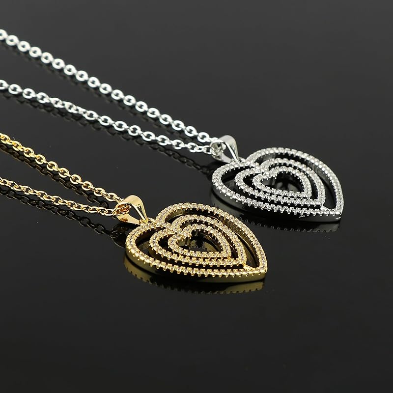 JOR Hearts in Heart Charm Pendant Necklace, CZ, Women Jewelry, Dainty Gold & Silver Plated Combo Chain 18 inch (Pack of 2)