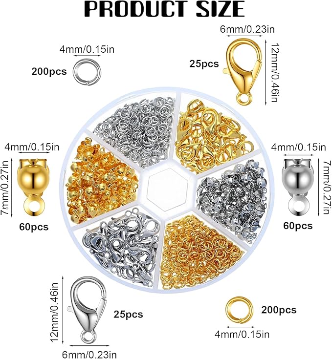 570 Pcs Lobster Claw Clasps Set with 4mm Open Jump Rings Connectors and 4mm Bead Tips Knot Covers for Jewelry Making Kit Jewelry Clasps DIY Craft (Gold,Silver)