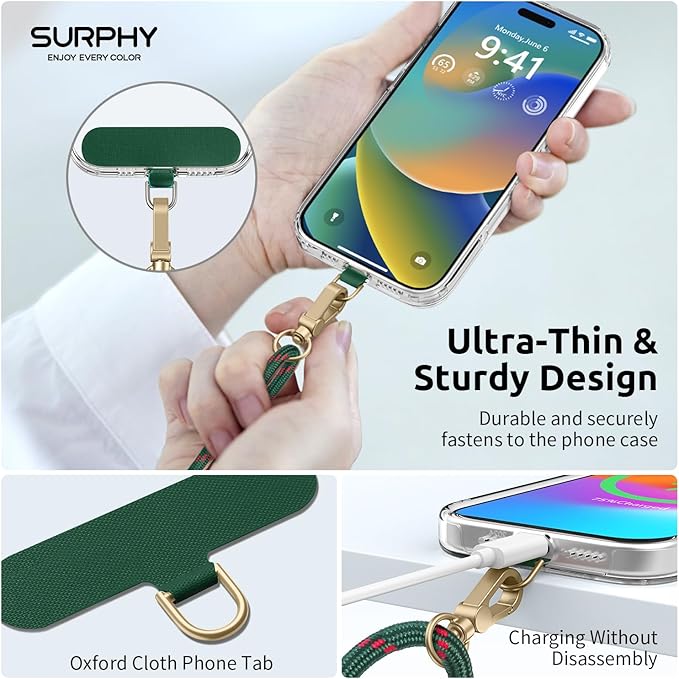 SURPHY Phone Lanyard Crossbody, Adjustable Cell Phone Lanyard with 2 Pack Phone Tether Tab, Two-Color Braided Phone Strap (Christmas Green)