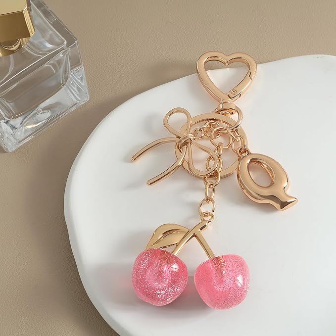 Snycler Bubble Initial Keychain with Cherry & Bow - Gold Letter Bag Charms for Women, Cute Purse Handbag Accessories