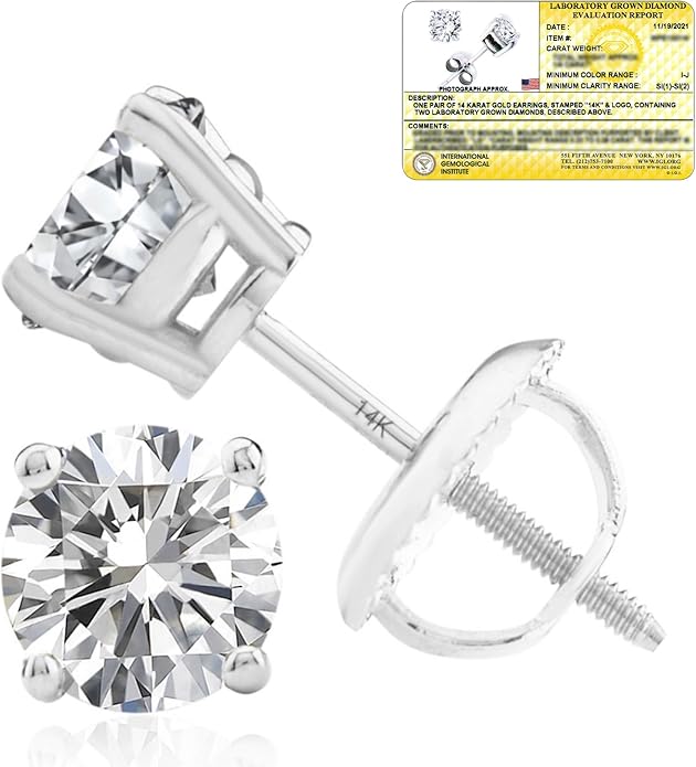 1/4-2 Carat IGI Certified Lab Grown Diamond Stud Earrings | Solitaire Real Diamonds Earring for Women in I-J Color & SI1-SI2 Clarity | 14K Gold Diamond Studs with Secure Backs by MAX + STONE