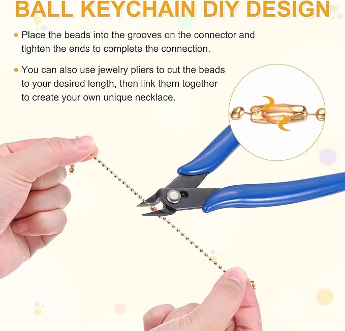 M METERXITY 50-Pack Ball Beads Chain, 4.7 in Metal Beaded Necklace Adjustable Keychain with Connectors for Jewelry Making/DIY Crafts/Hanging Decoration, Dog Tag Chain [Light Gold]