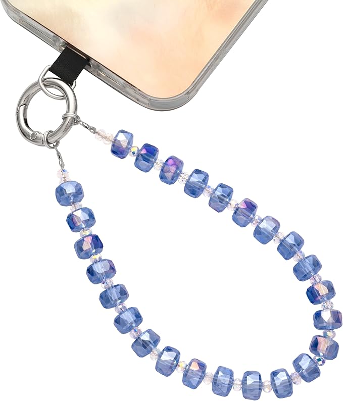 Crystal Beaded Phone Wrist Strap Glass Beads Bracelet Lanyard Crystal Chain Cell Phone Wristlet Strap for Women (Water Blue)