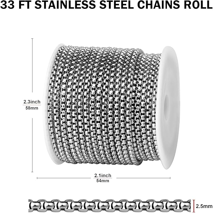 [33FT] Stainless Steel Rolo Box Chains for Jewelry Making, 2.5mm Wide 304 Stainless Steel Rolo Link Chain Roll Bulk for DIY Jewelry Making Craft