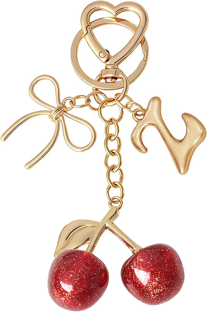 Snycler Bubble Initial Keychain with Cherry & Bow - Gold Letter Bag Charms for Women, Cute Purse Handbag Accessories