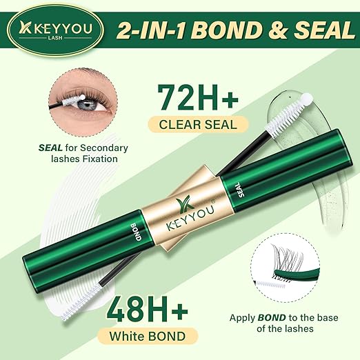 KEYYOU Lash Bond and Seal Cluster Lash Glue For Lash Clusters Strong Gentle Comfortable Bond and Seal WaterProof Mascara Wand Individual Lash Glue 5ml+5ml（CLEAR)