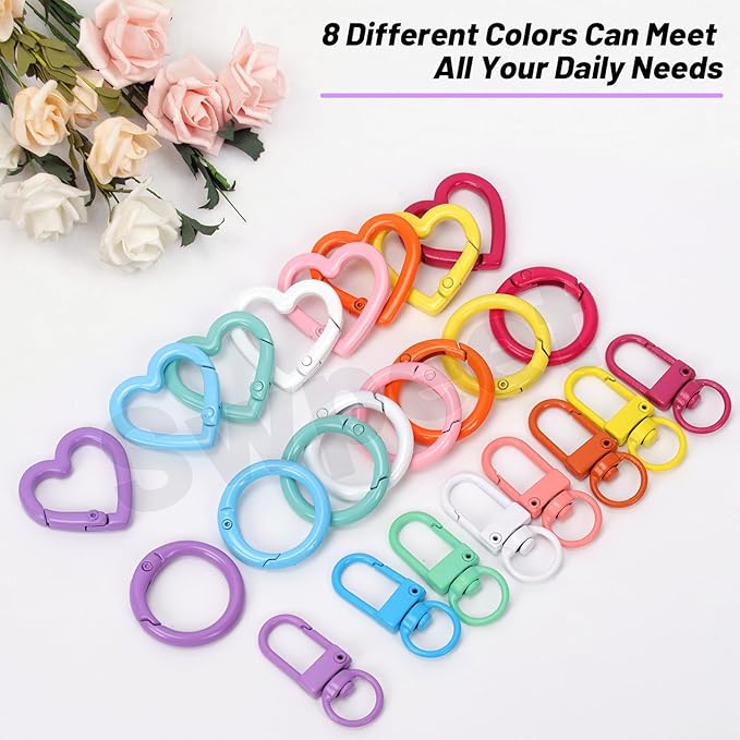 Swpeet 102Pcs 8Colors Swivel Lobster Claw Clasps with O-Shaped Keychain Clips, Open Jump Rings and Ball Chains Assortment Kit, Metal Carabiner Keychain Clip for Connecting and DIY Craft Making