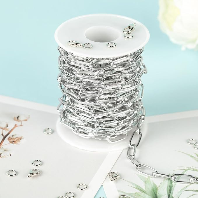 16ft/5m Aluminum Jewelry Chains Bulk Embossed Paperclip Jewelry Making Chains Oval Link Chain Roll with Jump Rings and Lobster Clasps