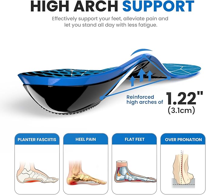Plantar Fasciitis Arch Support Insoles - Welnove Heavy Duty High Arch Inserts Standing All Day, Fatigue Reduce - Orthotic Cushion for Foot Pain, Flat Feet, Heel Spurs, Man & Women, Fit Most Shoes (S)