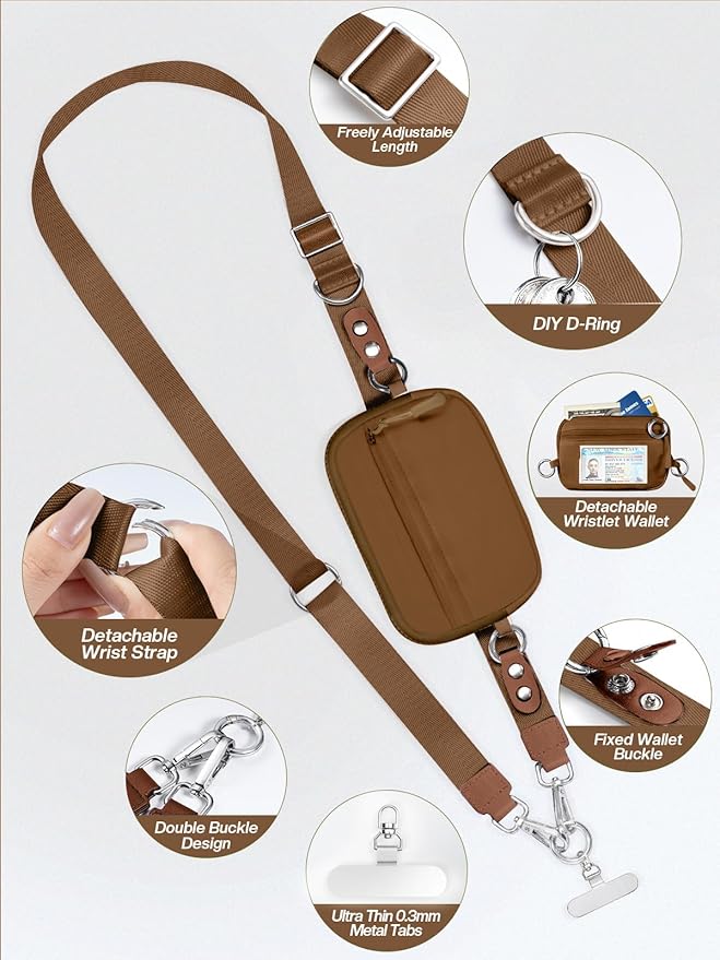Clip and Go Strap for Phone with Wallet Crossbody Phone Lanyard Adjustable and Detachable RFID Wristlet Wallet with ID Window and Zipper, Brown Large