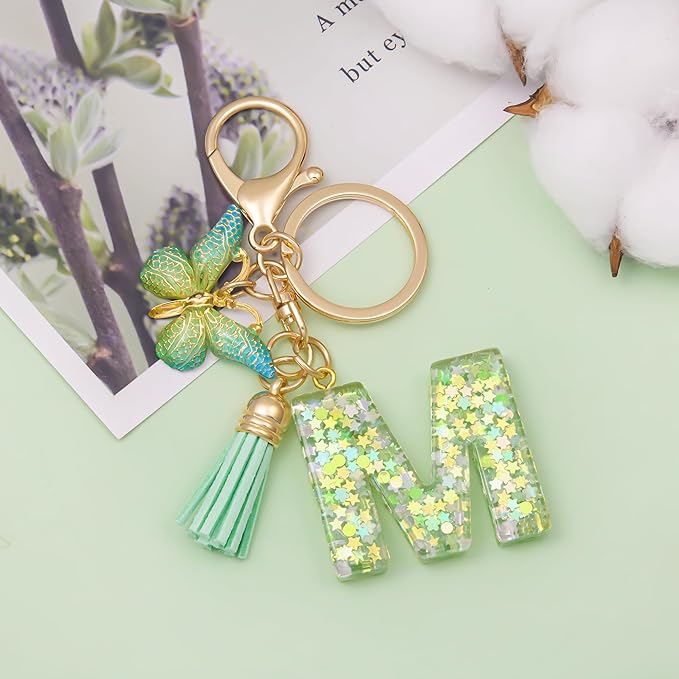 Fashion Alphabet Initial Letter Keychain Tassel Butterfly Pendant Key Ring for Purse Handbags Women Girl