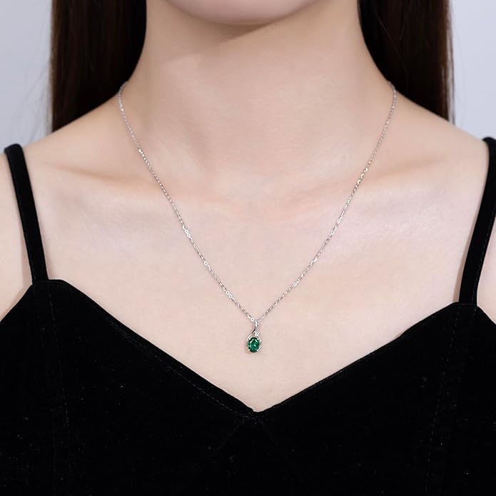 FANCIME 14K Solid White Gold Oval Gemstone Necklace with Diamond Pendant Gifts for Mom Women,16"+2" Inches