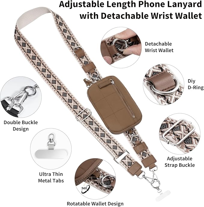 Clip and Go Strap for Phone with Wallet Crossbody Phone Lanyard with Anti-Theft Zipper Pouch Detachable Quilted Wrist Wallet with RFID and ID Window for Daily Travel. Brown Large