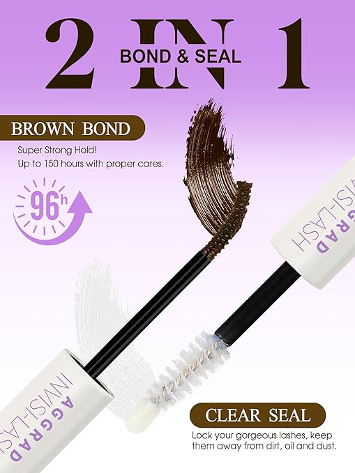 Brown Lash Cluster Glue Bond and Seal Waterproof 150H Super Strong Hold Long-Lasting for Eyelash Clusters Extensions Kit DIY Self Adhesive 2 in 1 Individual Lash Glue Brown Bonder & Clear Sealant