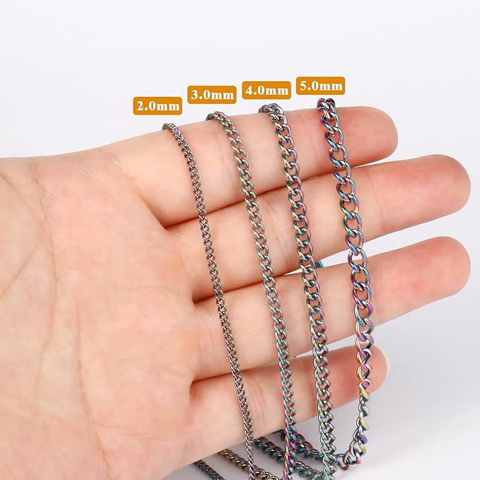 33FT Colorful Stainless Steel Curb Chains Roll, 3mm 304 Stainless Steel Multi Color Flat Twisted Links Curb Chains Bulk Spool for Jewelry Making DIY Craft