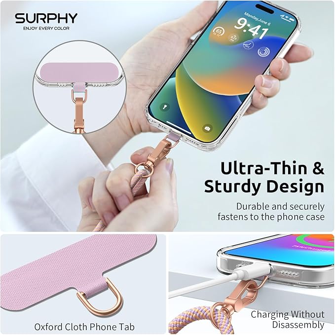SURPHY Phone Lanyard for Cellphone Case, Phone Strap Crossbody with 2 Pack Tether Tab, Premium Metal Buckles, Cellphone Lanyard Crossbody for Women and Men, Pink & Purple
