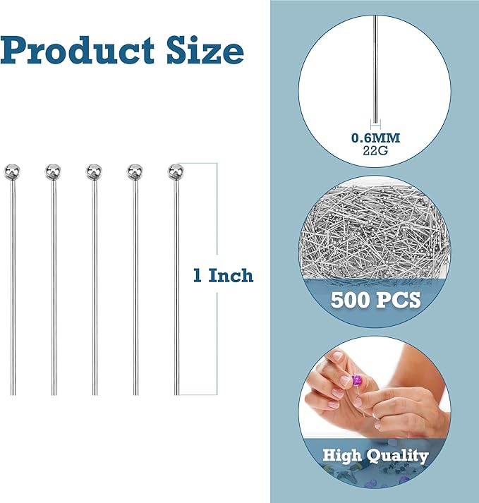 Mandala Crafts 1 Inch Stainless Steel Ball Head Pins for Jewelry Making Earring Making Supplies - 500 Jewelry Findings for Making Earrings DIY Bracelets Rosary Charms