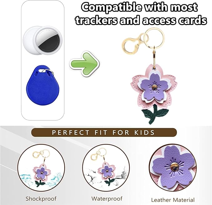 Leather Keychain Holder Case Compatible with AirTag,Cute Protective Apple Air Tag Cover with Keychain Ring,Anti-Scratch Finder GPS Tracker Case for Wallet Keys,Bag,Pets(Flower E)