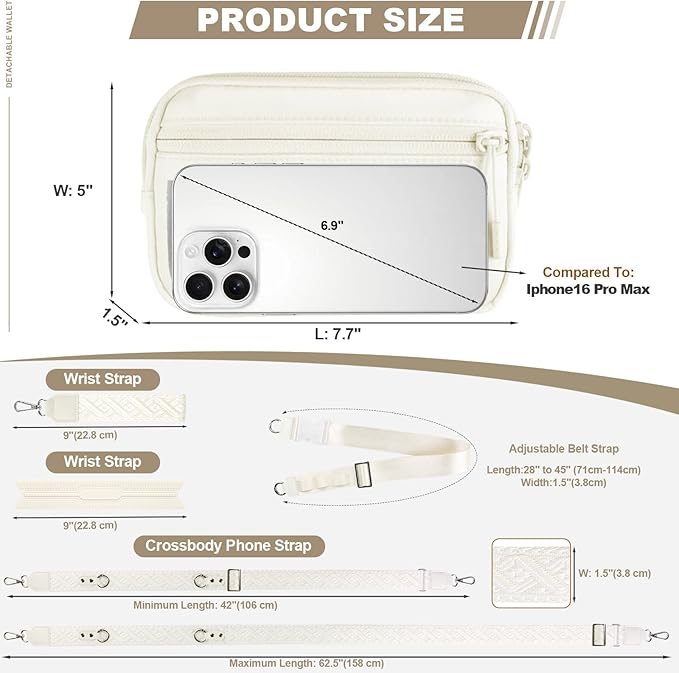 Phone Strap Crossbody, Clip and Go Strap for Phone with Wallet Crossbody, Adjustable Phone Lanyard Belt Strap with Detachable RFID Wristlet Wallet (XL-Cream)