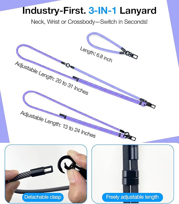 Phone Lanyard Crossbody, 3-in-1 Neck Strap& Wrist Strap, Adjustable Anti-Theft Lanyard with 2 Phone Tether Tabs, Universal CellPhone Strap for All Case, Travel Essential, Purple
