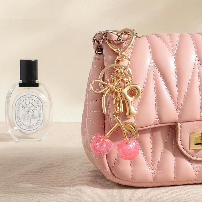 Snycler Bubble Initial Keychain with Cherry & Bow - Gold Letter Bag Charms for Women, Cute Purse Handbag Accessories