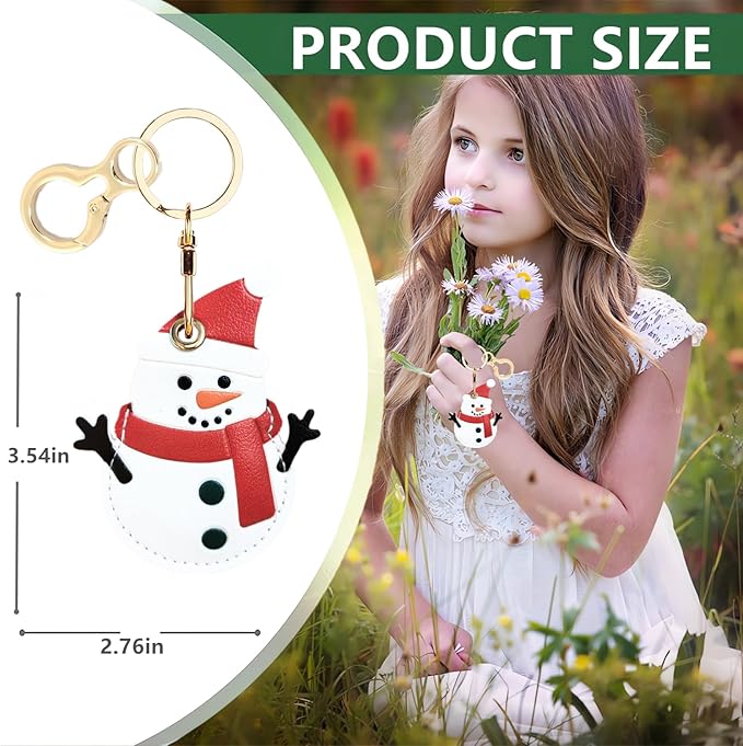Leather Keychain Holder Case Compatible with AirTag,Cute Protective Cover with Keyring,Anti-Scratch Finder GPS Tracker Case for Wallet Keys,Bag,Pets(Snowman)