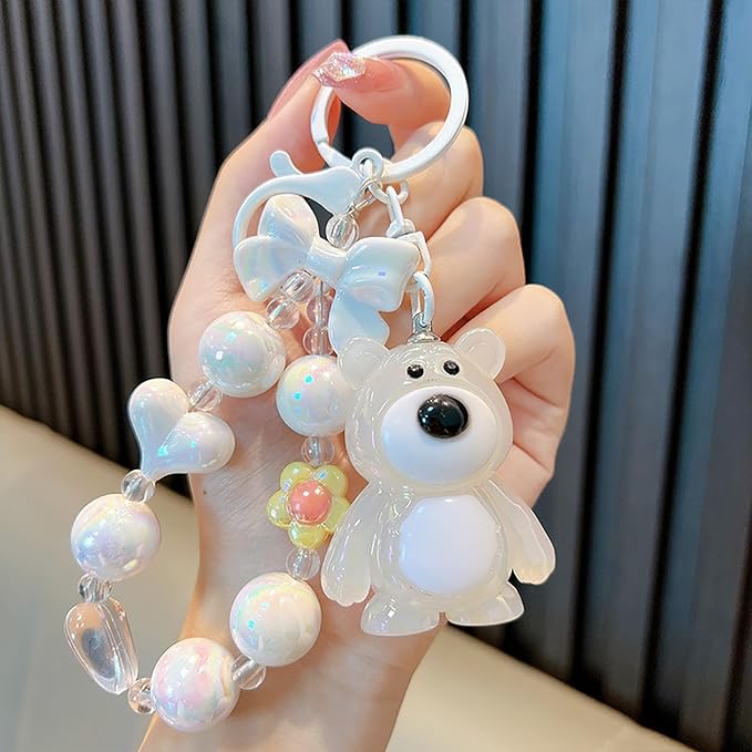 Bear Keychain For Women, Acrylic Bow Heart Flower Beaded Wristlet Gradient Color Colorful Gift Accessories